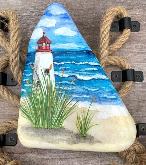 Lighthouse Rock Painting Ideas, Coastal Rock Painting Ideas, Rock Painting Lighthouse, Nautical Rock Painting Ideas, Beach Theme Painted Rocks, Sea Rock Painting, Lighthouses Painting, Beach Rock Painting, Summer Rock Painting Ideas