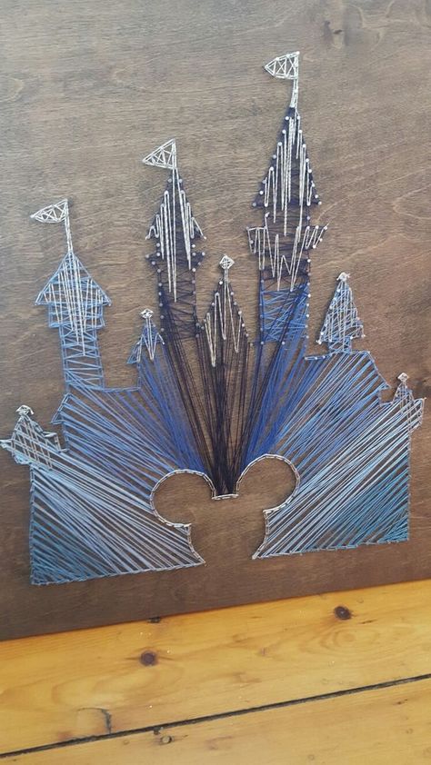 Diy disney castle silhouette string art -by Casey Bergen Disney String Art, Disney Art Diy, Diy Disney, Disney Castle Silhouette, Deco Disney, Nail String, Tema Disney, Nail String Art, String Art Patterns