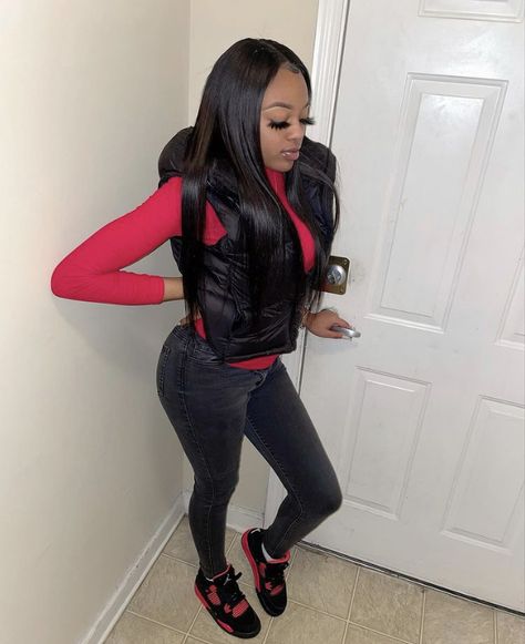 Black And Red Jordans Outfit For Women, Jordan 4 Outfit Women Black, Jordan 11 Outfit Women Black, Jordan 4 Red Thunder Outfit, Bred 11s Outfit Women, Red Thunder 4s Outfit, Red Jordans Outfit For Women, Winter Drip, Thunder Outfit