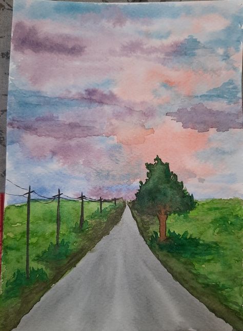 Nature Drawing Ideas Watercolour, Pejzazi Art Easy, Things To Paint Nature, Water Colour Land Scapes, Landscape Marker Drawing, Pejzazi Art, Watercolour Landscape Easy, Watercolor Art Ideas For Beginners, Watercolor Easy Painting