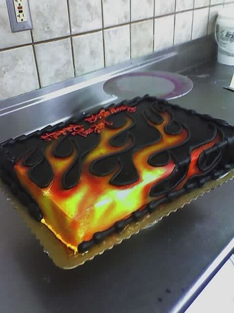 CAKE idea. Like the way the flames look Firefighter Cakes, Flame Cake, Sweet Slices, Fire Cake, Airbrush Cake, Sheet Cake Designs, Easy Breakfast Recipes, Birthday Sheet Cakes, Fire Gifts