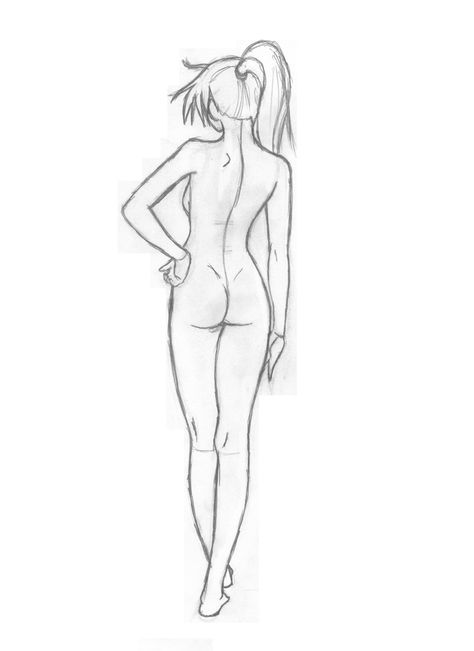 Standing Reference Back View, Back Of Women Drawing, How To Draw Body Back View, Character Back View Reference, Female Pose Reference Drawing Back View, Drawing The Back Of A Person, Body Base Back View, How To Draw A Person From The Back, Person Drawing Back View