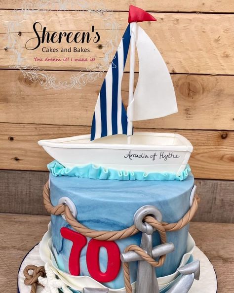 Shereen on Instagram: “Fun start to the cake week this week with this 70th sailing themed cake x #sailing #cake #cakesofinstagram #nautical #sailingboat” Sailing Cake, Cake Decorator, Cakes For Men, Themed Cakes, Diaper Cake, Wedding Cake, Wedding Cakes, Cake Decorating, Sailing