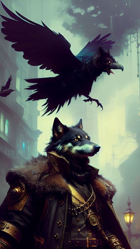 Steampunk Wolf man, raven, text generated ai art #digitalart #birds #wolves Wolves And Ravens, Steampunk Wolf, Wolf Man, Wolf Warriors, Animal Pics, Steampunk Art, Crows, Ravens, Wolves