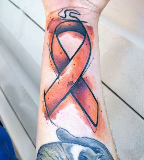 Watercolor leukemia ribbon by Skyler Espinoza at Certified Tattoo Studio in Denver CO Orange Ribbon Tattoo, Ribbons Tattoo, Nerd Tattoos, Tattoo Mistakes, Survivor Tattoo, Awareness Tattoo, Nerd Tattoo, Health Tattoo, Creative Tattoo