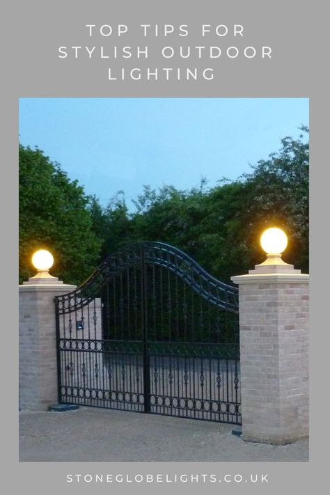 Create a grand entrance by night and day with the Finial Globe Lights. Designed for gateposts, pillars and piers with a dual day and night function. One moulded piece with ball and plinth combined. Colour customised to match your entrance décor and available in two sizes. Hand crafted with care in the UK with a 10 year warranty on the Finial Globe cover. Find out how you can have stylish outdoor lighting for your gated entrance and maximise your curb side appeal by clicking on the image. Globe Lights Outdoor, Gate Lights Entrance, Driveway Pillars With Lights, Gate Lights Outdoor, Pillar Lights Outdoor, Outdoor Globe Lights, Outdoor Pillar Lights, Gate Lights, Entrance Lighting