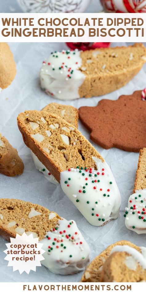 Gingerbread Biscotti are a Starbucks copycat that's crunchy, packed with warm spice flavor and dipped in white chocolate! They're festive, delicious and make great homemade Christmas gifts! #whitechocolate #biscotti #gingerbread Gingerbread Biscotti Recipe Starbucks, Gingerbread Cookie Dip, Gingerbread Biscotti Recipe, Christmas Biscuits Recipe, Gingerbread Biscotti, Christmas Cookie Tray, Sprinkle Cupcakes, Christmas Biscuits, Biscotti Recipe