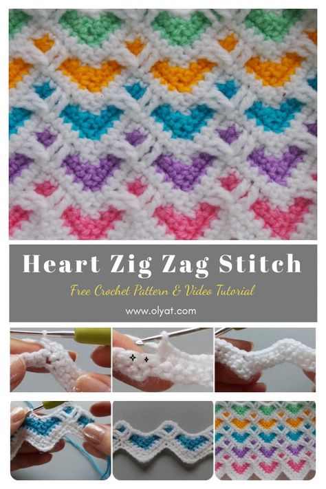 Heart Zig Zag Stitch Free Crochet Pattern and Video Tutorial Red Heart Free Crochet Patterns, Zig Zag Crochet Blanket Pattern Free, Free Aphgan Crochet Patterns, Free Crochet Blanket Pattern, Fun Crochet Stitches, Zig Zag Crochet Pattern, Crochet Quilt Pattern, Zig Zag Crochet, Zig Zag Stitch