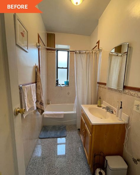 Before and After: You'll Swoon Over This $125 Rental-Friendly Bathroom Makeover | Apartment Therapy Rental Friendly Upgrades Bathroom, Renter Friendly Bathroom Upgrades, Rental Friendly Bathroom, Rental Friendly Bathroom Makeover, Old Bathroom Decor, Outdated Bathroom Makeover, Ugly Bathroom Makeover, Bathroom Tan, Old Bathroom Makeover