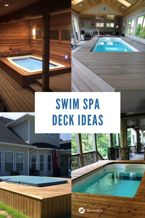 These beautiful pool deck ideas are certain to inspire you. SwimEx swim spas can be installed almost anywhere – inside, outside, above ground, in the ground, or semi-inground. Decks Around Swim Spas, Swimspa Decking Ideas, Swim Spas Above Ground Backyard, Spa Pool Decking Ideas, Swim Spas Backyard Ideas, Above Ground Swim Spa Backyard Ideas, Indoor Above Ground Pool, Inground Swim Spa Backyard Ideas, Swim Spas Inground