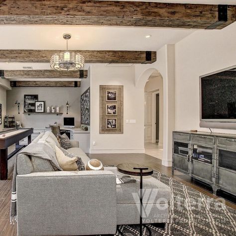 How to Add Decorative Beams to Low Ceilings - Volterra Architectural Products Beams On Low Ceiling, Faux Beams Flat Ceiling, Decorative Beams Ceiling, Adding Beams To Low Ceiling, Add Beams To Ceiling, Support Beams In Living Room, Wooden Beams Ceiling Living Room, Faux Beams Low Ceiling, Ceiling Accent Ideas