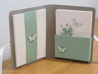 By Carolyn Helwigh  on FB  Pootles Craft Forum - July 2015. Notecard set with folio Note Card Gifts, Card Box Holder, Gift Card Boxes, Notecard Set, Butterfly Cards, Camping Tent, Card Making Techniques, Stamping Up Cards, Fun Fold Cards