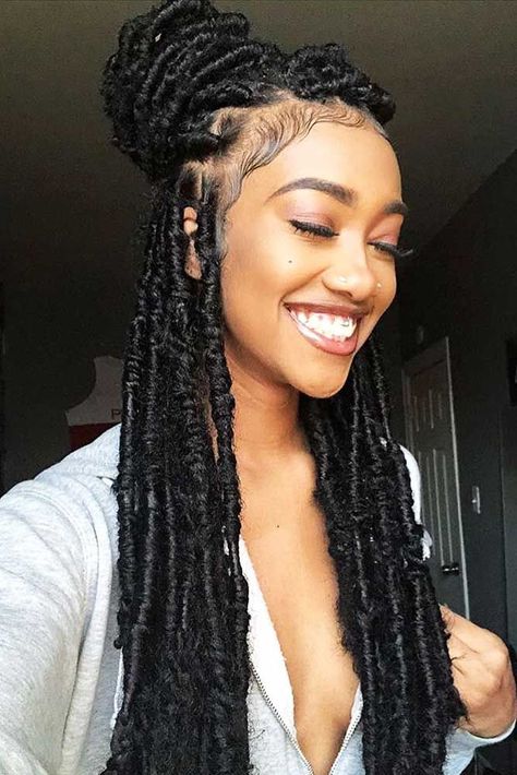 Sumptuous Half-Up Bun For Natural Hair #crochetbraids #braids #longhair #bun ❤️ Do you know how many cool hairstyles you can create with crochet braids? Curly updos, braided bob styles and lots of cute ideas are here! ❤️ See more: http://lovehairstyles.com/crochet-braids-ideas/ #lovehairstyles #hair #hairstyles #haircuts Easy Formal Hairstyles, Faux Locs Hairstyles, Pelo Afro, Girls Braids, Locs Hairstyles, Linnet, Formal Hairstyles, Box Braids Hairstyles, Twist Braids