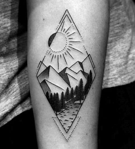 50 Geometric Mountain Tattoo Designs For Men - Geometry Ink Ideas Usmc Logo, New School Tattoos, Berg Tattoo, Geometric Mountain Tattoo, Tatuagem Masculina Pequena, Mountain Tattoo Design, Whistler Canada, Geometric Mountain, Geometric Tattoo Design