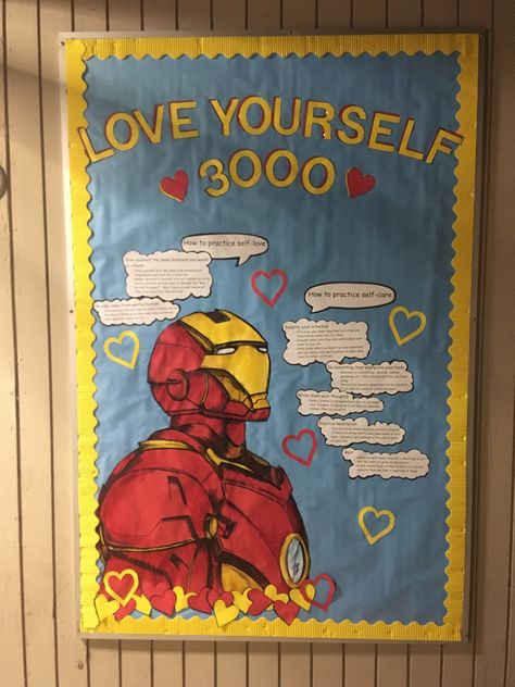 RA Ironman Wellness bulletin board #RA #residentadvisor #rabulletinboards #bulletinboard #marvel #ironman #wellness #loveyou3000 Midterm Study Tips Bulletin Boards, Marvel Bulletin Board Ideas, Marvel Door Decorations Classroom, Spiderman Ra Bulletin Board, Ra Board Themes, Marvel Theme Classroom, Avengers Bulletin Board, Avengers Classroom Theme, Marvel Bulletin Board