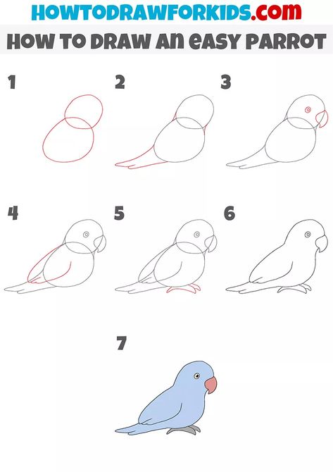 Parrot Drawing Easy Step By Step, Cute Parrot Drawing Easy, How To Draw A Parrot Easy, How To Draw A Bird Step By Step Easy, Easy Parrot Drawing For Kids, Draw Birds Easy Step By Step, How To Draw A Parrot Step By Step, Bird Drawings Easy Step By Step, How To Draw A Parrot