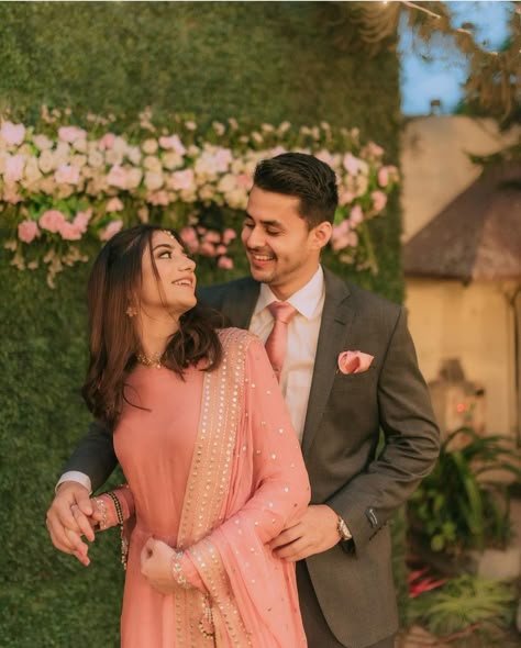 Couple Poses In Suit, Suit And Saree Couple Poses, Roka Ceremony Outfits, Asal Mein, Wedding Matching Outfits, Roka Ceremony, Aesthetic Status, Groom Photoshoot, Bride And Groom Outfits