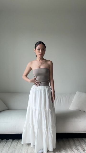 Tho Pham on Instagram: "@shop.emiu tube top >>>" Tube Tops Outfit, Cute Tube Top Outfits, Tube Skirt Outfit, Full White Outfit, White Tube Top Outfit, Tita Fits, Tube Top Outfit Ideas, Tube Outfit, Inspire Outfits