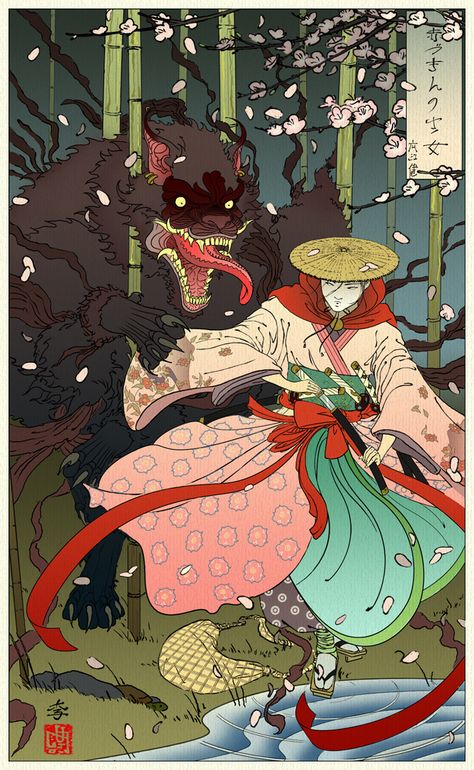 little red oni slayer by gorrem Tengu Tattoo, Japanese Myth, Japanese Yokai, Japanese Monster, Mask Drawing, Japanese Mythology, Japanese Folklore, Japanese Illustration, Traditional Japanese Art