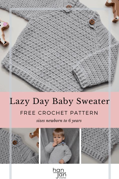 Learn to crochet this baby raglan style sweater with a free crochet pattern from HanJan Crochet. In six sizes from newborn baby to 7 years, this simple and modern crochet sweater is perfect for any little one. Made using just half double crochet stitches/ half treble stitches with a front and back loop trick to make a beautiful texture to the front and back panels, it's a great project for a confident beginner to tackle and enjoy. #easycrochetbaby #crochetbabysweater #moderncrochetbaby Easy Crochet Baby Patterns, Modern Crochet Sweater, Baby Sweater Crochet, Boy Crochet Patterns, Crochet Baby Projects, Crochet Baby Sweater Pattern, Crochet Baby Sweaters, Crochet Baby Sweater, Baby Sweater Patterns