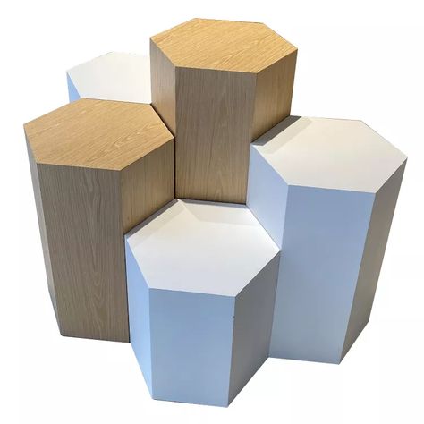 Hexagon Display Stand, Pedestal Display Stand, Product Display Stand Design, Display Design Exhibition Products, Wood Exhibition, Exhibition Display Stands, Hexagon Display, Wedding Exhibition, Wood Hexagon