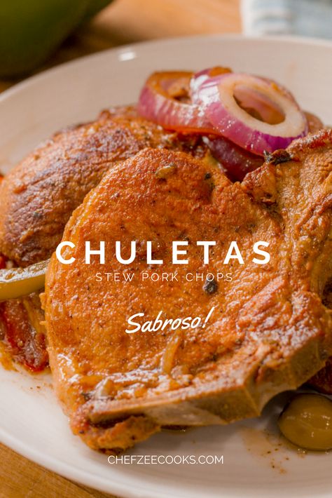 Chuletas Guisadas aka Stew Pork Chops are absolutely delicious! This Hispanic Latin Recipe is great with Spanish Rice & Beans! Hands down one of the tastiest and easy to make Pork Chops that you will find. The sauce/gravy itself it out of this world. Give this recipe a try and pair it with your favorite side dishes. If you love Pernil, then you'll definitely love Chuletas Guisadas #PorkRecipes #LatinRecipes Chuletas Guisadas, Spanish Rice And Beans, Puerto Rico Food, Boricua Recipes, Rice Beans, Spanish Dishes, Spanish Rice, Hispanic Food, Puerto Rican Recipes