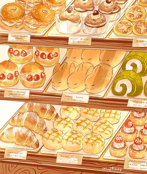 Anime Bakery Wallpaper, Bakery Art Drawing, Anime Baking Aesthetic, Bakery Illustration Art, Cute Bakery Wallpaper, Food Illustration Art Creative, Bakery Art Illustration, Baking Drawing Reference, Cute Bakery Drawing