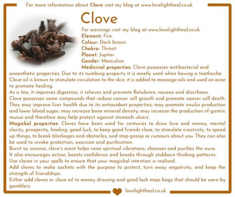 Cloves Properties Magic, Clove Properties Magic, Clove Herb Magic, Cloves Spiritual Uses, Spiritual Meaning Of Clove, Tea Tree Oil Magical Properties, Chili Pepper Magical Properties, Cloves Magickal Properties, Clove Uses Witchcraft