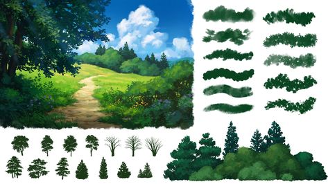 ArtStation - Ghibli-Inspired Brushes 2 for Photoshop and Procreate Tree Photoshop, Studio Ghibli Background, Environment Painting, Landscape Painting Tutorial, Digital Painting Techniques, Procreate Brushes Free, Background Drawing, Ghibli Art, Digital Painting Tutorials