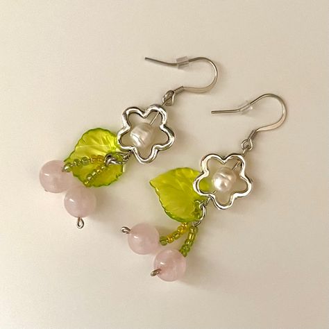 rose quartz crystal cherry stainless steel earrings Seed Bead Earrings Ideas, Diy Earring Inspiration, Charm Earrings Diy, Cute Beaded Earrings, Cherry Blossom Earrings, Fishhook Earrings, Handmade Beaded Earrings, Whimsical Jewelry, Fairy Jewelry