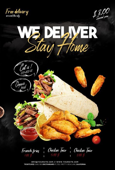 Flyer Food Design, Food Poster Ideas, Food Flyer Design Ideas, Free Delivery Design, Free Food Delivery, Food Flyer Design, Design Cibo, Delivery Food, Menue Design