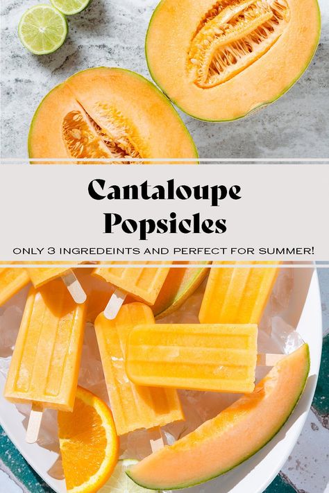 Cantaloupe Popsicles Cantaloupe Popsicles, Healthy Summer Desserts, Popsicle Molds, Vegan Ice Cream, Summer Dessert, Vegetarian Food, Popsicle Sticks, Healthy Summer, 3 Ingredients