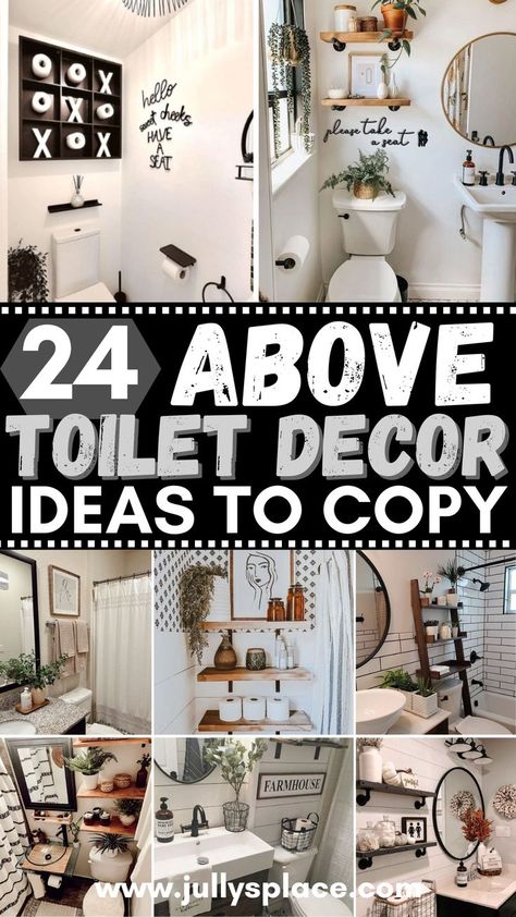 above toilet decor, above toilet ideas, above toilet decorations, above toilet storage Bathroom Wall Storage Ideas Space Saving, Toilet Gallery Wall, Decorating Floating Shelves Bathroom, Above Toilet Organization, Diy Over The Toilet Storage Ideas, Decorating Above The Toilet, Above Toilet Shelves Decor, Toilet Tray Decor Ideas, Bathroom Shelf Styling Over Toilet