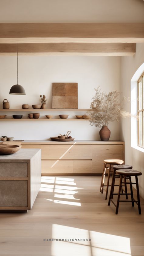 Organic Minimalist Interior, Lulu And Georgia Kitchen, Kitchen Design Shelves, Modern Natural Wood Kitchen, Minimalist Rustic Kitchen, Kitchen Inspo Minimalist, White Oak Small Kitchen, White And Timber Kitchen Modern, Natural Materials Kitchen