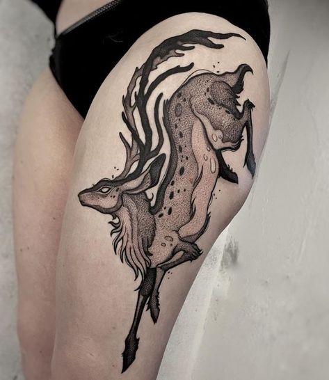 Dark Deer Tattoo, Fantasy Animal Tattoo, Creepy Deer Tattoo, Japanese Deer Tattoo, Fantasy Forest Tattoo, Creepy Animal Tattoos, Deer Skeleton Tattoo, Deer Back Tattoo, Creature Tattoo Ideas