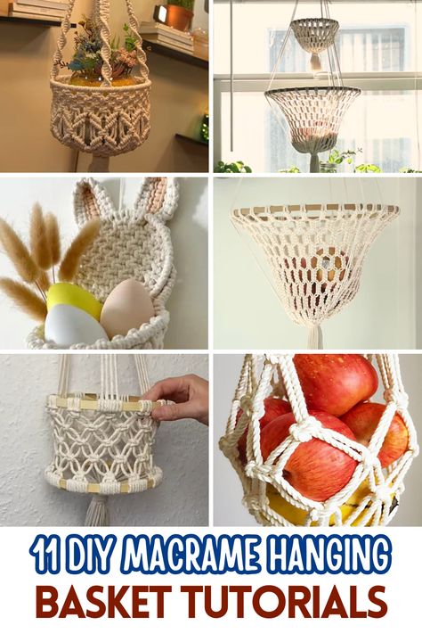 Learn how to make these hanged macrame baskets for your kitchen. They're great for storing things and look really cool hanging up. Curated by Arty Crafty Crew. Useful Macrame Projects, Macrame Basket Tutorial, Fabric Macrame, Hanging Basket Ideas, Macrame Baskets, Macrame Hanging Basket, Hanging Baskets Kitchen, Macrame Crafts, Macrame Basket