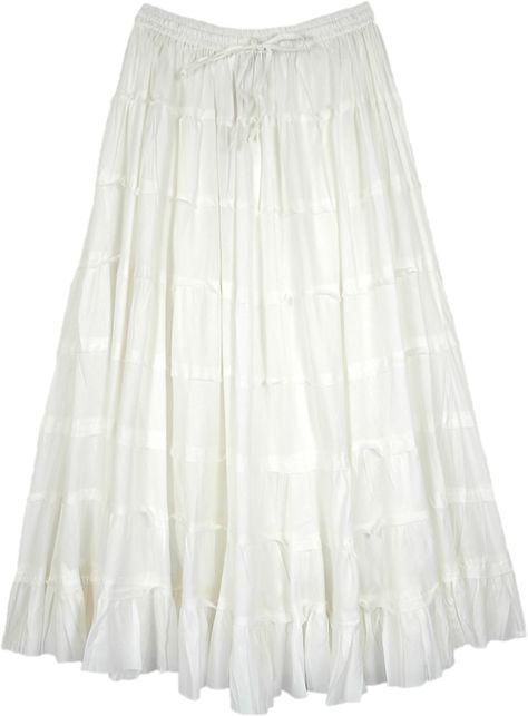 A dreamy white modern classic tiered skirt in pure cotton fabric - for summers, or wherever a long white skirt will do - from weddings to churches.  This is a mid-weight everyday casual skirt that is very comfortable to wear. #tlb #Crinkle #TieredSkirt #MaxiSkirt #vacationclothing #summerlongskirt #cottontieredskirt Low Waisted White Skirt, Long White Linen Skirt, White Skirt Flowy, Flowy Long White Skirt, Long White Skirts, Skirts Aesthetic, White Tiered Skirt, Laufey Concert, White Flowy Skirt