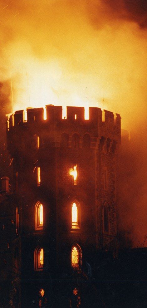 A fire destroyed seven state apartments at Windsor Castle — the Queen’s favourite home... Destroyed Castle Aesthetic, Fire Castle Aesthetic, Fire Queen Aesthetic, Castle Burning, Destroyed Kingdom, Destroyed Castle, Castle On Fire, Windsor Castle Fire, Fire Castle