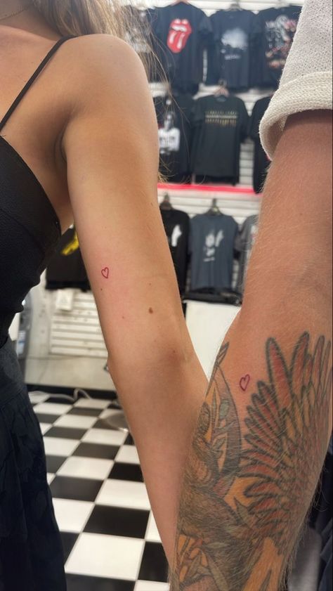 Matching Red Heart Tattoos, Half Heart Matching Tattoos, Aesthetic Couples Tattoos, Minimal Matching Tattoos Couple Tat, Matching Heart Tattoos Couple, Subtle Relationship Tattoos, Mini Red Heart Tattoo, Couple Minimal Tattoo, Minimal Tattoo Heart