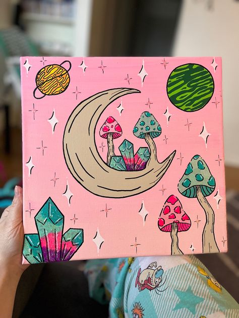 Aesthetic Mushrooms, Mushroom Painting, Trippy Painting, Hippie Painting, Acrylic Paint Pens, Simple Canvas Paintings, Cute Canvas Paintings, Easy Canvas Art, Canvas Drawings