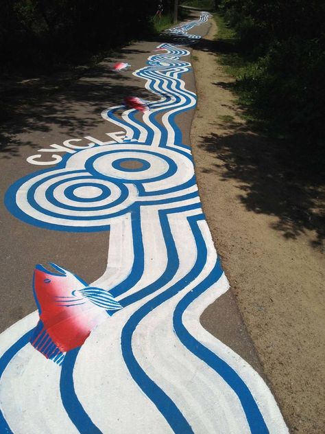 Impressive Giant Paintings on the Concrete by Roadsworth – Fubiz Media Urban Ideas, Streetscape Design, Pavement Art, Landscape Design Drawings, Street Installation, School Murals, Street Mural, Street Painting, Chalk Art