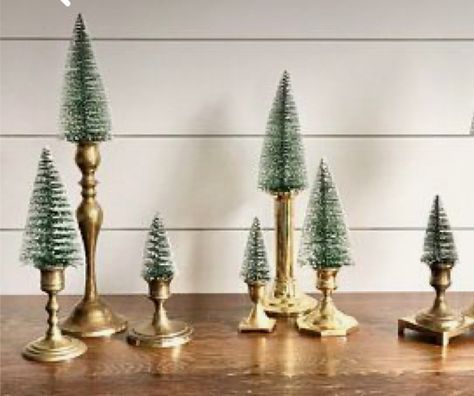 Vintage Christmas Crafts, Christmas Vignettes, Holiday Deco, Small Christmas Trees, Brass Candlesticks, Noel Christmas, Merry Little Christmas, Christmas Centerpieces, Country Christmas