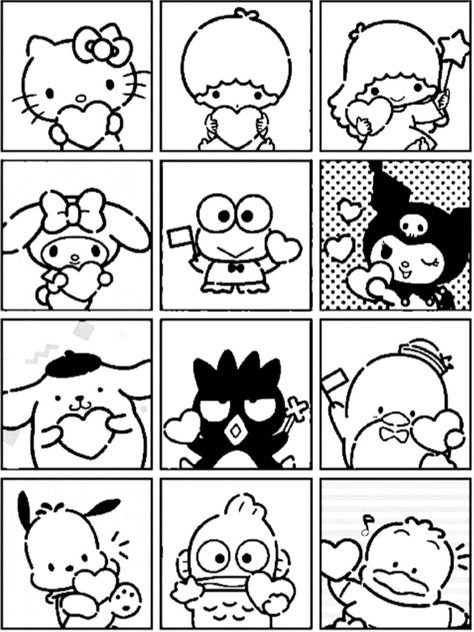 Sanrio Doodles Black And White, Kuromi Stickers Black And White, My Melody Black And White, Kuromi Black And White, Sanrio Black And White, Kuromi Coloring Page, Digital Stamps Free, Hello Kitty Colouring Pages, Black And White Stickers