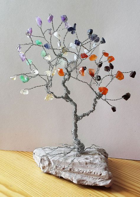 GEM TREE Healing 7 Chakra on Earthy Rock Base by spiritgemdesigns, $35.00 Diy Wire Tree, Gem Tree, Tree Of Life Art, Wire Tree Sculpture, Gem Crafts, Yoga Decor, Wire Trees, Wire Tree, Crystal Tree