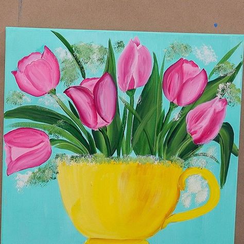 easy Paint Tulips in a Teacup! Acrylic painting tutorial for beginners yet enjoyable for everyone. Create this fun Spring painting on canvas at home in your own time. Step by step photo tutorial with free video. Easter Canvas, Easter Paintings, Acrylic Ideas, Easy Flower Painting, Tulip Painting, Flowers Tutorial, Flower Painting Canvas, Painting For Beginners, Easy Flower