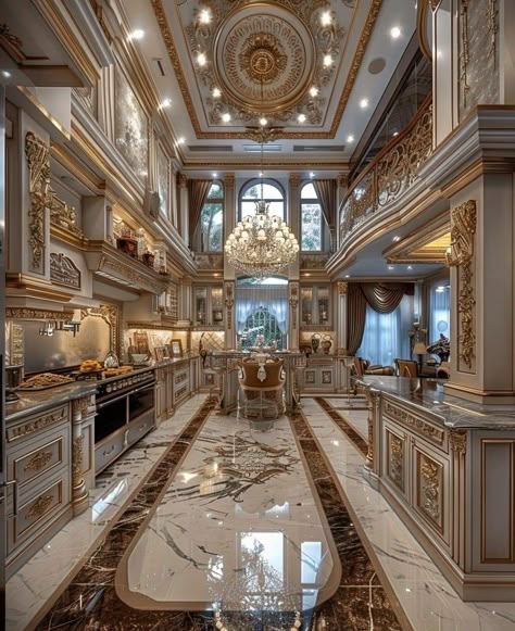 Royal House Interior, Castle Kitchen Aesthetic, Kitchens 2024, Palace Kitchen, Castle Kitchen, Luxury Kitchen Island, Old Money House, Castle House Design, Fancy Kitchens