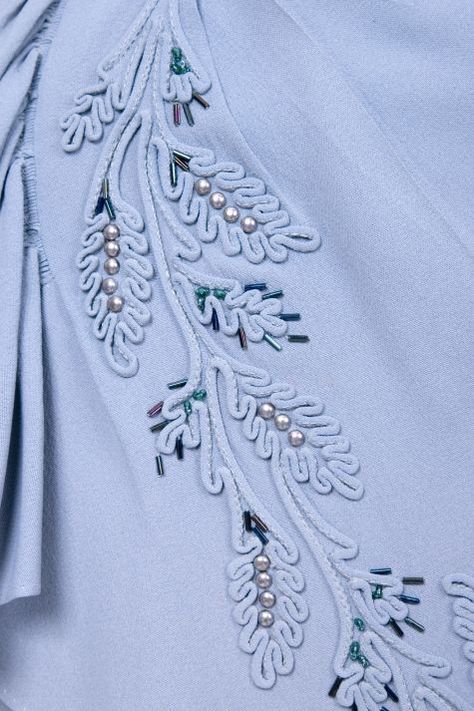 Embellished blue dress, detail.  No one wants to take the time to do this kind of intricate embellishment any longer.  It's becoming a lost art. Couture Details Embellishments, Motif Soutache, Soutache Pattern, Design On Fabric, Western Costume, Embellishment Details, Fabric Embellishment, Bead Embroidery Patterns, Pola Sulam