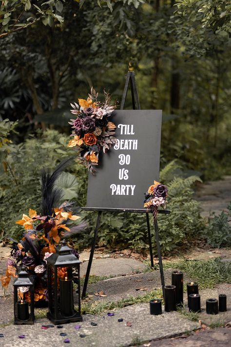 DetailsFlower Sign Decor boasts a flexible base with reusable zip ties & metal clips, easily securing to wedding signs, chairs, etc. Its artificial blooms mimic real flowers, staying vibrant all day, a cost-effective alternative to fresh flowers. Ready to use, it adapts to various arch shapes. Note: Gently reshape petals if bent during shipping. SizeThe large flower swag design measures about 15"-20" long and 7" wide, the small flower tie measures 7" long and 5" wide. They are purely handmad Black And Plum Wedding Cake, Outdoor Halloween Wedding Decorations, Red Black And White Rustic Wedding, Modern Goth Wedding Decor, Black And Mulberry Wedding, Small Black Wedding Ideas, Dark Wedding Signs, Black And Wood Wedding Decor, Halloween Wedding Activities