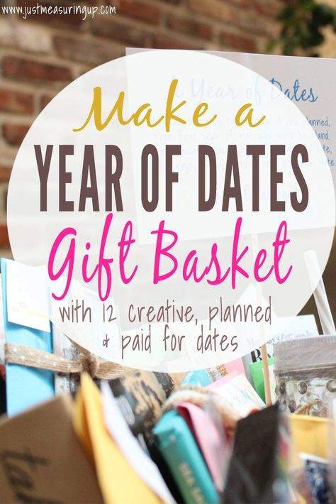 DIY Wedding Gift Idea for Bride and Grooms - Make a Year of Dates wedding gift basket with planned and paid for dates!! Free printables! Year Of Dates Gift, A Year Of Dates, Wedding Gift Basket, Diy Wedding Gift, Homemade Wedding Gifts, Gifts For Bride, Date Night Gifts, Wedding Gifts For Bride And Groom, Wedding On A Budget