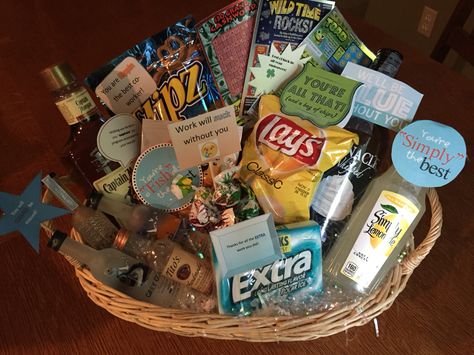 Co worker leaving gift basket, pretty proud of myself!                                                                                                                                                                                 More Gift Basket Ideas For Coworkers Leaving, Co Worker Farewell Gift Ideas, Gift Basket For Coworker Leaving, Co Worker Gift Basket, Employee Leaving Gift Ideas, Coworker Leaving Gift Basket, Custodian Appreciation, Retirement Gifts Diy, Retirement Gift Basket